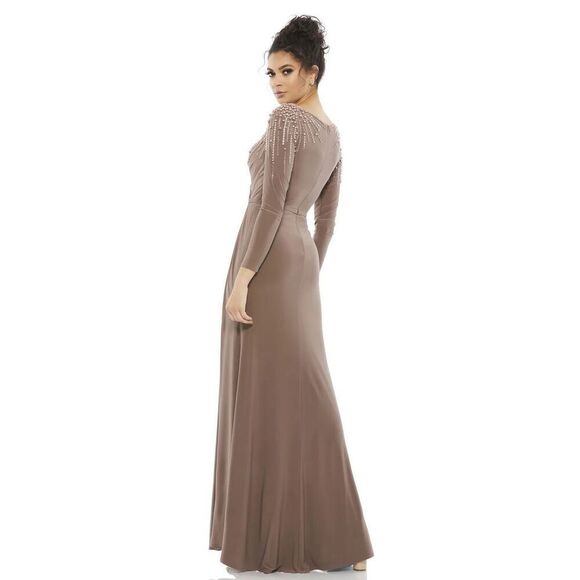 Mac Duggal NWT Faux Wrap Jersey Gown w/Embellished Accents in Mocha Size 2 - Picture 2 of 7
